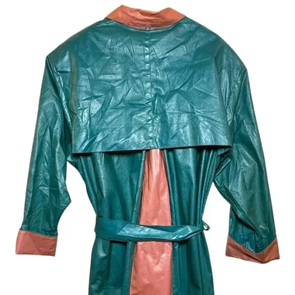 Vintage Jo Fox Boston Teal and Peach Shimmer Belted Trench Rain Coat Size Medium - Picture 5 of 8